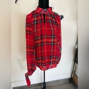 New York & Company Red Plaid High-Neck Long-Sleeve Blouse